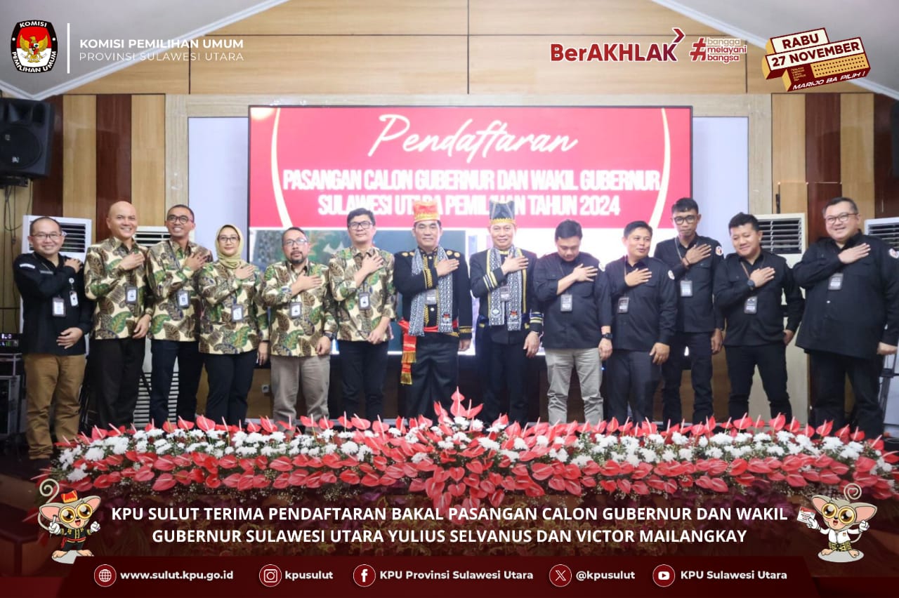 KPU Sulut Terima Pendaftaran Bakal Pasangan Calon Gubernur dan Wakil Gubernur Sulut Yulius Selvanus dan Victor Mailangkay