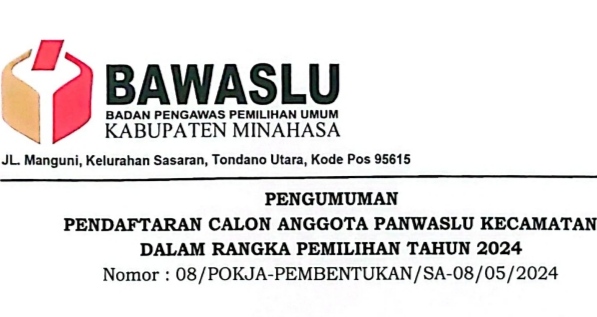 Bawaslu Minahasa Umumkan Pendaftaran Calon Anggota Panwaslu Kecamatan Untuk Pilkada 2024 