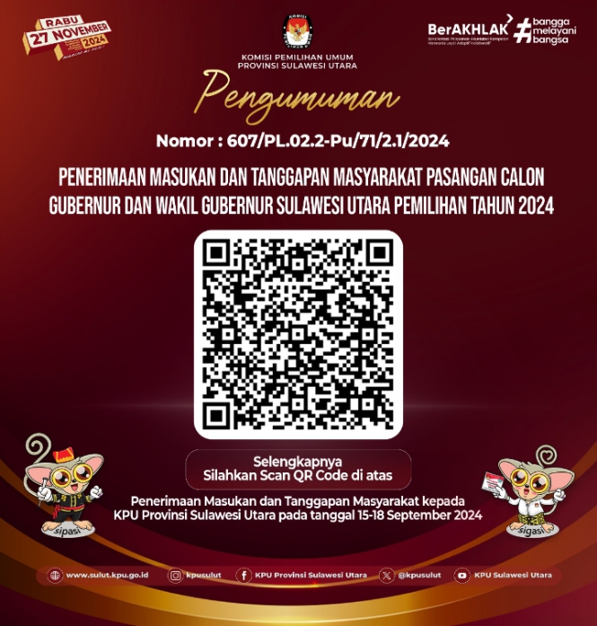 KPU Sulut Umumkan Masukan dan Tanggapan Masyarakat Pasangan Calon Gubernur dan Wakil Gubernur 2024