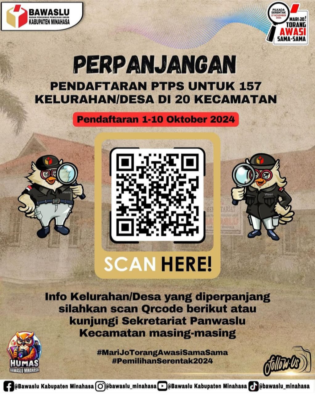 Sahabat Bawaslu Perpanjangan Pendaftaran TPS di 157 Kelurahan dan Desa di 20 Kecamatan Dibuka 1--10 Oktktober 2024