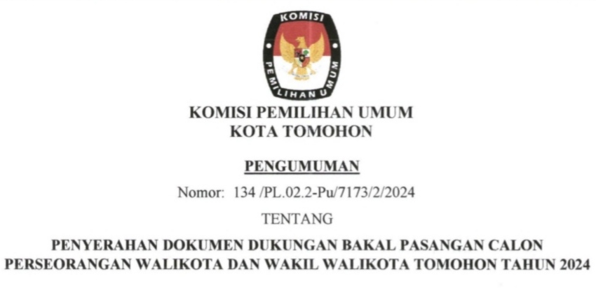 Penyerahan Dokumen Dukungan Bakal Paslon Independen Walikota dan Wakil Walikota Tomohon 2024
