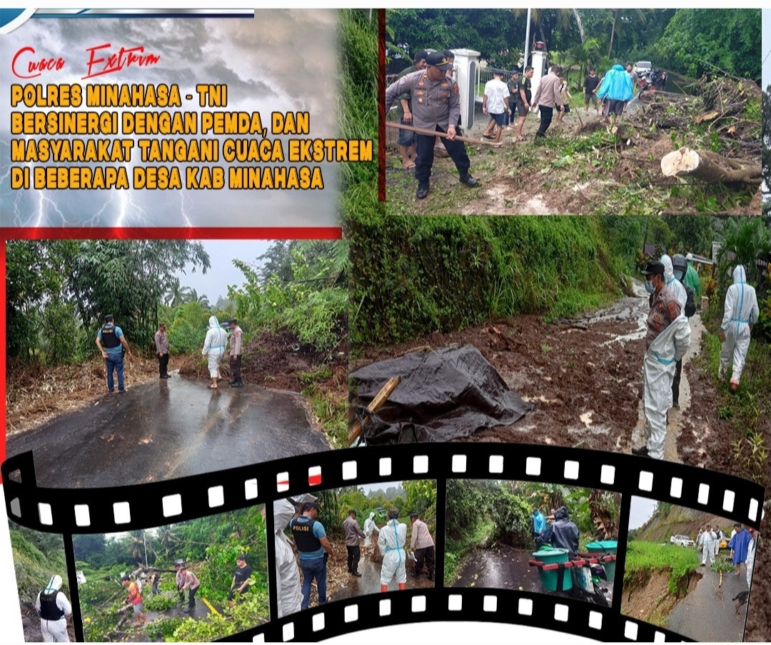 Polres Minahasa Bersama TNI, Pemda dan di Bantu Masyarakat Tangani Pohon Tumbang dan Longsor di Sejumlah Wilayah 