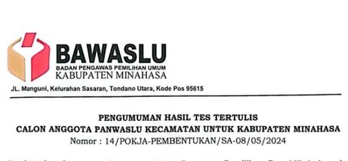 Ini Hasil Tes Tertulis Calon Anggota Panwascam Minahasa