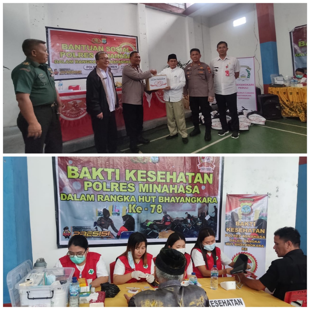 Peringati HUT Bhayangkara ke-78, Polres Minahasa Gelar Bakti Sosial dan Kesehatan di Desa Talikuran Remboken