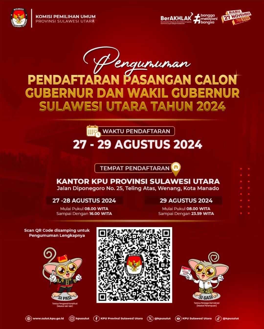 KPU Sulut Umumkan Pendaftaran Paslon Gubernur dan Wakil Gubernur 2024